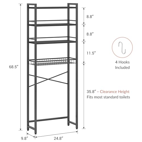 Over The Toilet Storage Shelf, 4-Tier Bathroom Organizer with Basket & Hooks, Sturdy Space Saver for Small Bathrooms, Black - color: Black