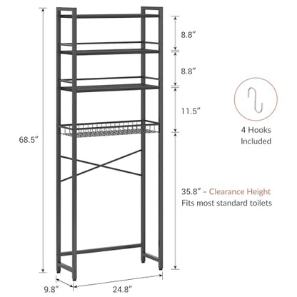 Over The Toilet Storage Shelf, 4-Tier Bathroom Organizer with Basket & Hooks, Sturdy Space Saver for Small Bathrooms, Black - color: Black