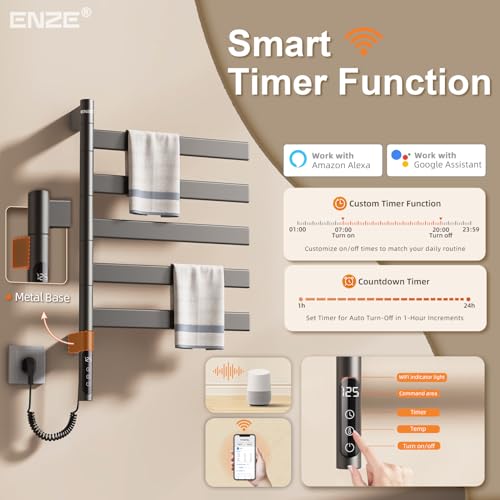 Smart Rotating Heated Towel Rack, 5-Bar Wall-Mounted, Gray | Electric Towel Warmer for Bathroom, Swivel Bars, Wi-Fi App Control, 1-24H Timer, 115-155°F, 120W, IPX5, Plug-In or Hardwired - color: Gray 17.72"x26.77"