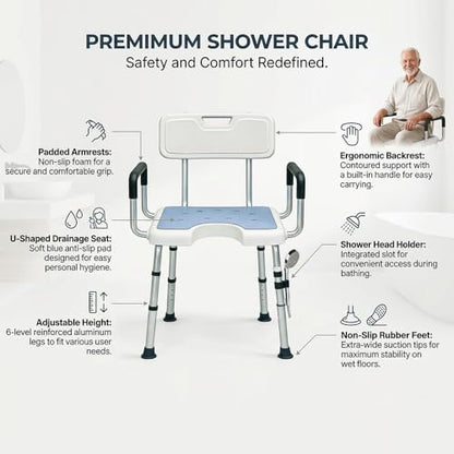 4-in-1 Shower Chair for Inside Shower with Arms and Back, HSA/FSA Eligible, 400lbs Capacity Height Adjustable U-Shaped Seat for Seniors Elderly Easy Bathing Tool-Free Assembly