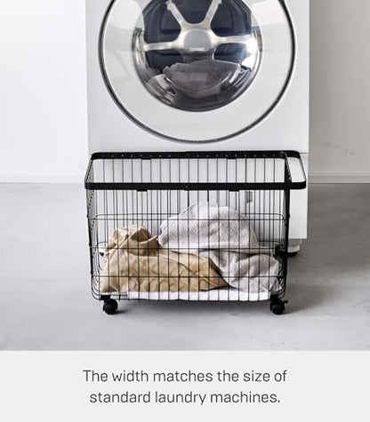 Yamazaki Home Tower Small Rolling Laundry Basket Metal Hamper Cart With Wheels And Handle, 14.8" - Steel - 9.8 Gallons, 35 Liters | Small metal laundry hamper cart features smooth-rolling wheels and a convenient built-in handle. Suits modern home storage.