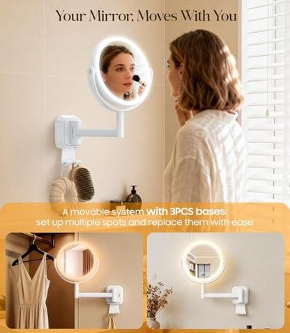 Gospire No-Drill Wall Mounted Lighted Makeup Mirror with Magnification 10X | LED Display & Hooks, 7 Inch Rechargeable Magnifying Vanity Mirror with Lights, 3 Color Dimmable Lights, LED Bathroom Mirrors