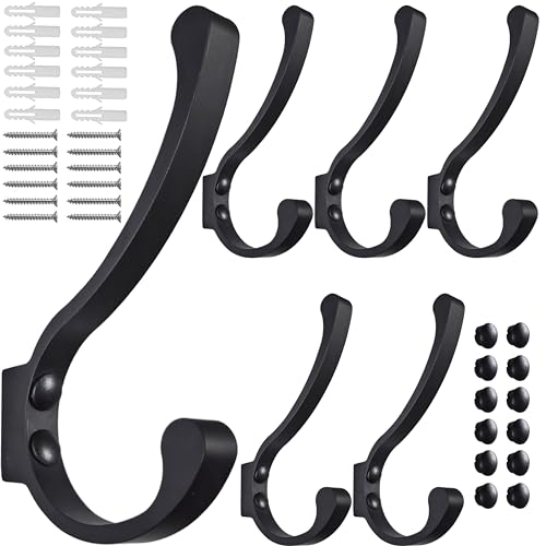 Coat Hooks for Wall, Heavy Duty Large Wall Hooks for Hanging Wall Mounted Metal Robe Hooks Utility Hooks for Coat, Scarf, Bag, Towel, Key, Cap, Cup, Hat (Black, 6 Pack)