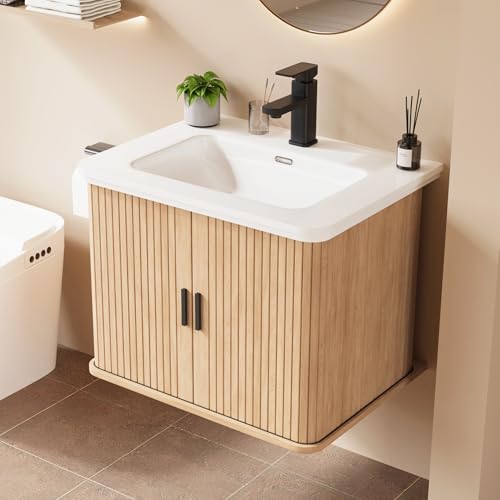 24 Inch Floating Bathroom Vanity with Sink, Wall Mounted Bath Vanity Combo with Fluted Sliding Doors, Small Space Bathroom Cabinet with Ceramic Vessel Sink, Faucet & Drain Included (Natural Oak)