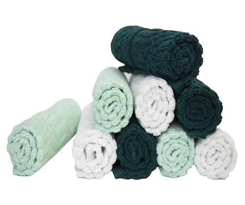 PH Pleasant Home Diamond Wash Cloths Set - 12 Pack (12” x 12”) – 509 GSM - 100% Ring Spun Cotton Wash Cloth - Super Soft and Highly Absorbent Face Towels (Green, White & Mint) - color: Green, White & Mint, style: Diamond