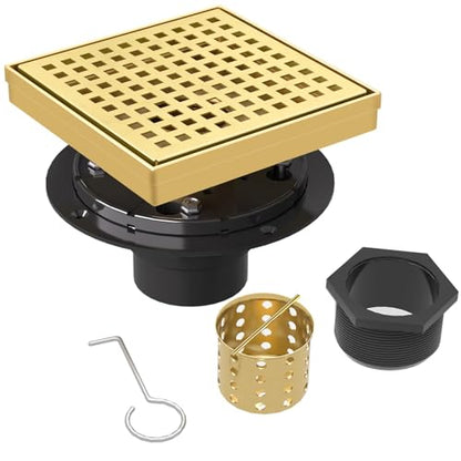 6 Inch Brushed Gold Square Shower Drain with Removable Grate | AISI 304 Stainless Steel Shower Drain, Shower Floor Drain with Hair Catcher & ABS Flange, Fits Bathroom & Balcony etc - color: Brushed Gold, size: 6 in