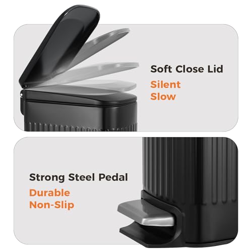 TrashAid Small Black Bathroom Trash Can with Lid Soft Close & Pedal, 1.6Gal | Removable Inner Bucket, Stainless Steel Garbage Can, Slim Wastebasket for Toilet/Office/Bedroom, Retro Design, Odor Control - color: Black