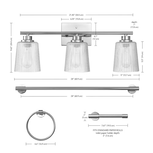 Globe Electric 4-Piece All-in-One Bathroom Set, Chrome Finish, 3-Light Vanity Light with Clear Ribbed Glass Shades, Towel Bar, Toilet Paper Holder, Towel Ring - color: Silver