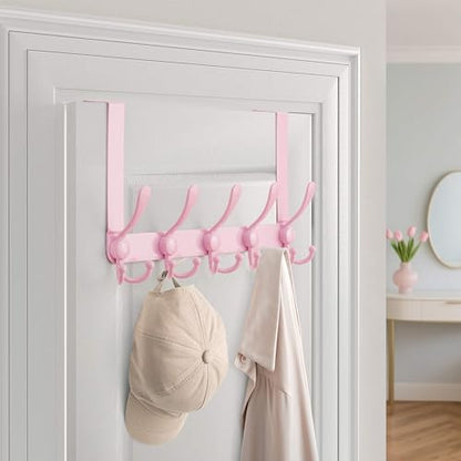 Over Door Hook 2.0 - Upgraded Version - Simple-Assembly, Strong, Heavy-Duty Stainless Steel 5-Tri-Hook Over The Door Hanger Rack, SimpleStrong Series, Pink, Pack of 2 - color: Pink