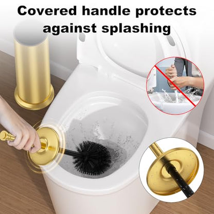 Brass Toilet Brush and Holder，Long Handled Gold Toilet Brush for Bathroom，Stainless Steel Heavy Duty Toilet Bowl Brush,Removable Inner Bowl,Deep Cleaning Dense Bristles Cleaner Brush -Space Saving - color: Brushed Brass