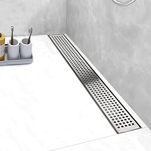 48 inch Linear Shower Drain Brushed Silver with Grate Removable | Square Hole Panel,AISI 304 Stainless Steel Fast Drainage Rectangle Hidden Shower Trench,Detachable Hair Catcher,Leveling Feet - color: Stainless Steel, size: 48 inch+No Base