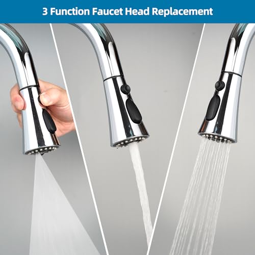 Universal Kitchen Faucet Head Replacement, 3 Modes, 15 Adapter Kit, Chrome | NSF/ANSI/CAN 372 Certified, Compatible with Kohler/Moen/Delta Faucet, 3 Function Pull Down Sink Faucet Spray Head G1/2 - color: Chrome