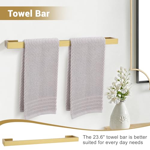 Lairuier Brushed Gold Bathroom Accessories, 23.6 inches Towel Bar Set | Including Towel Bar, Towel Holder, Toilet Paper Holder, Towel Hook, SUS304 Stainless Steel Bathroom Towel Holder Hardware Set - color: Brushed Gold, size: Set A