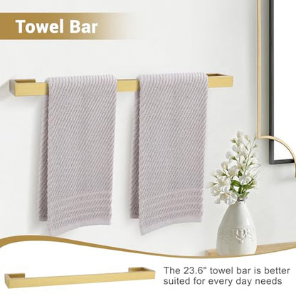 Lairuier Brushed Gold Bathroom Accessories, 23.6 inches Towel Bar Set | Including Towel Bar, Towel Holder, Toilet Paper Holder, Towel Hook, SUS304 Stainless Steel Bathroom Towel Holder Hardware Set - color: Brushed Gold, size: Set A