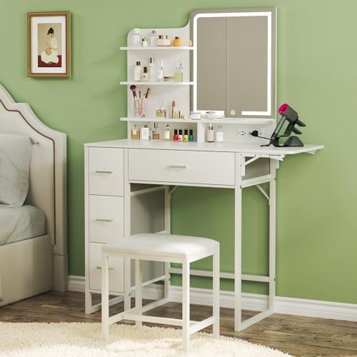 ALEXNUTRE Makeup Vanity Desk with Mirror and Lights, 36.6" Small Makeup Vanity with 4 Fabric Storage Drawer & Chair & Shelves, White Vanity with Fold-up Panel and Power Outlet for Bedroom - style: Milk White