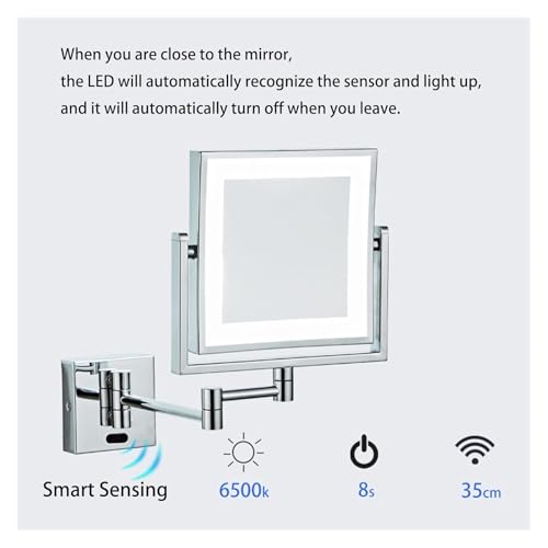 Wall Mounted Lighted Makeup Mirror Square Wall Mounted Double Sided 1X/3X Magnifying Mirror Rotation Extension Bathroom Mirror(Gold,Hardwired) - color: Gold