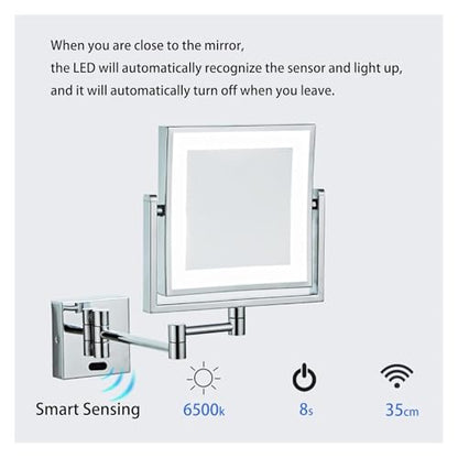 Wall Mounted Lighted Makeup Mirror Square Wall Mounted Double Sided 1X/3X Magnifying Mirror Rotation Extension Bathroom Mirror(Nickel,Hardwired) - color: Nickel