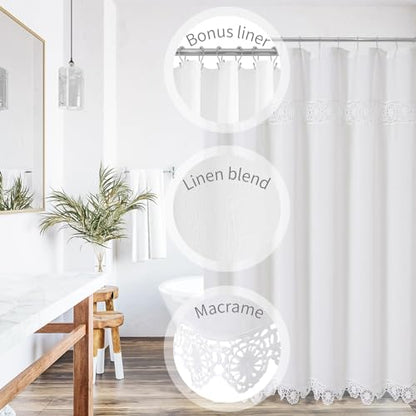 Long Boho Farmhouse Shower Curtain Set with Liner, Linen Bohemian French Country Bathroom Curtain 72x78 - White - color: White-liner Set, size: 72"W x 78"L (Pack of 1)