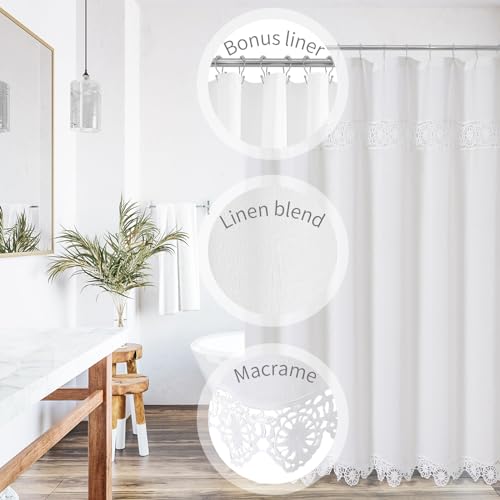Boho Farmhouse Shower Curtain Set with Liner, Linen Bohemian French Country Bathroom Curtain 72x72 - White - color: White-liner Set, size: 72"W x 72"L (Pack of 1)