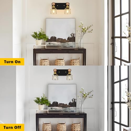 FadimiKoo Rustic Style Wood Bathroom Wall Sconces, 2-Light Black Gold Bathroom Vanity Light Fixtures with Metal Shade, Light Fixtures Wall Mount for Living Room, Hallway, Dressing Table - color: Black & Gold, size: 2-Lights