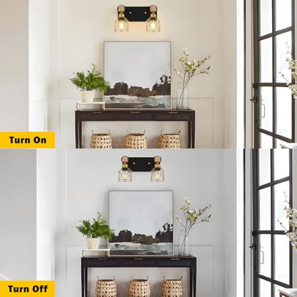 FadimiKoo Rustic Style Wood Bathroom Wall Sconces, 2-Light Black Gold Bathroom Vanity Light Fixtures with Metal Shade, Light Fixtures Wall Mount for Living Room, Hallway, Dressing Table - color: Black & Gold, size: 2-Lights