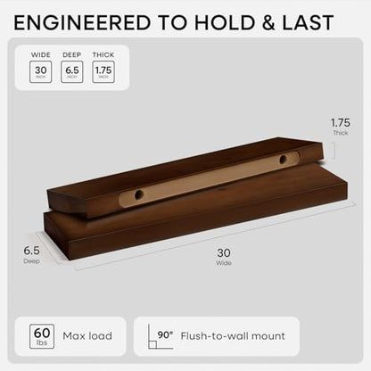 30inch Walnut Floating Shelves for Wall Mounted, High End Solid Real Wood 30 in Floating Shelf, Dark Brown Wooden 30 inch Long Floating Shelves, Heavy Duty Bracket, 30 X 6.5 X 1.75, Set of 2 - color: American Walnut - Satin Dark Tone, size: 30 inch