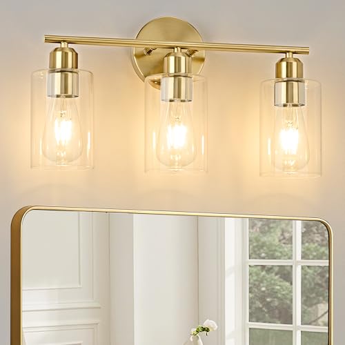 3-Light Bathroom Light Fixtures, Gold Bathroom Vanity Lights, Bathroom Lighting Fixtures Over Mirror with Clear Glass Shade, Wall Sconce Light for Bedroom, Living Room and Hallway - color: Gold, size: 3 Light - 1 pack