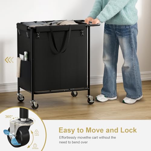 Double Laundry Hamper with Wheels & Lid, 160L Large Rolling Laundry Basket | Chrislley Sturdy Metal Laundry Cart 2 Section with Long Handle and Removable Bags,Dirty Clothes Hamper for Laundry Room,Black - color: Black, size: 160L(27.0"L x 15.4"W x 27.6"H)