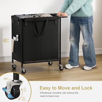 Double Laundry Hamper with Wheels & Lid, 160L Large Rolling Laundry Basket | Chrislley Sturdy Metal Laundry Cart 2 Section with Long Handle and Removable Bags,Dirty Clothes Hamper for Laundry Room,Black - color: Black, size: 160L(27.0"L x 15.4"W x 27.6"H)