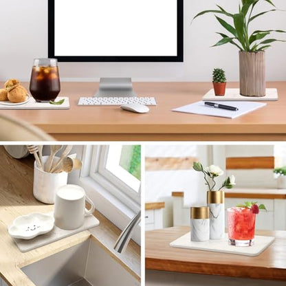 2 Water Absorbing Stone Drying Trays for Bathroom Sink Kitchen Soap Counter | Soap Dish Dispenser Sponge Holder White Ceramic Bathroom Vanity Quick Dry Stone Mat for Kitchen Sink Marble Diatomite Tray - color: White Marble
