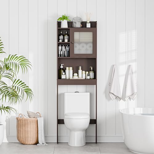 SUPER DEAL Over The Toilet Bathroom Storage Cabinet Freestanding Wooden Bathroom Organizer with Adjustable Shelves and Glass Door, Brown - color: Brown
