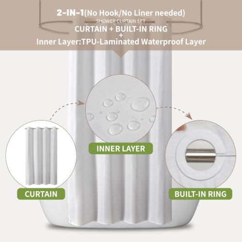 eachope No Hook Shower Curtain, Waterproof Slub Fabric, White 54x74 in | no separate liner, split grommets, waterproof backing, weighted hem, 160GSM slub fabric, machine washable, renter friendly - color: White, size: 54"WX74"L (pack of 1)