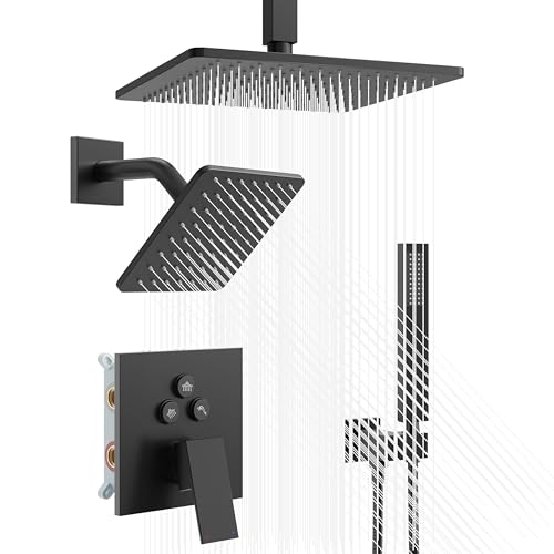 Black Shower System, Matte Black Shower Faucet Set with 3 In 1 Push Button Shower Diverter Valve, 10'' Ceiling Shower Head and 6'' Wall Mounted Shower Head, Black Rain Shower Head with Handheld Spray - color: Matte Black