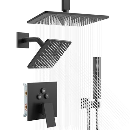 Black Shower System, Matte Black Shower Faucet Set with 3 In 1 Push Button Shower Diverter Valve, 10'' Ceiling Shower Head and 6'' Wall Mounted Shower Head, Black Rain Shower Head with Handheld Spray - color: Matte Black