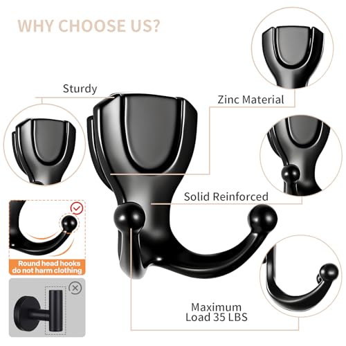 Coat Hooks Wall Hooks for Hanging, Metal Hooks Wall Mounted for Coat Heavy Duty Double Wall Hooks for Hanging Hat, Towel, Key, Robe, Coats, Scarf, Bag, Cap, Coffee Cup, Mugs (4, Black) - color: Black