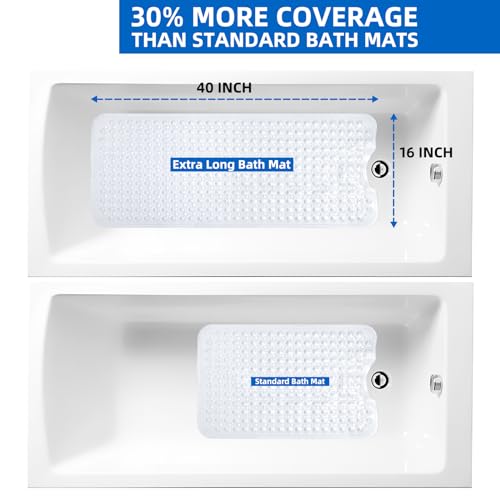 MOONFLY Shower and Bathtub Mat,40x16 Inches,Extra Long Non Slip Mats with Suction Cups and Drain Holes, Machine Washable and Anti Slip Bathmats, Bathroom Mats for Tub Nonslip (Clear) - color: Clear