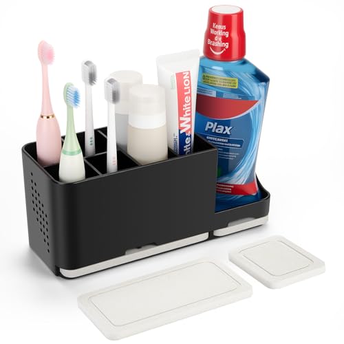 YONGAIJIA Toothbrush Holder for Bathroom Organizer with Diatom mud Board，Detachable 8 Slots Kids Electric Toothbrush Holder and Toothpaste Stand for Countertop Accessories Storage (Black) - color: Black