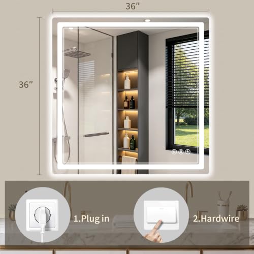 36"x36" LED Bathroom Mirror with Lights, Backlit + Front Lit, Anti-Fog, Lighted Bathroom Mirror for Wall, HD Shatterproof Tempered Glass, Dimmable, Memory Function (Horizontal/Vertical) - size: 36"L x 36"W