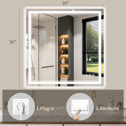 36"x36" LED Bathroom Mirror with Lights, Backlit + Front Lit, Anti-Fog, Lighted Bathroom Mirror for Wall, HD Shatterproof Tempered Glass, Dimmable, Memory Function (Horizontal/Vertical) - size: 36"L x 36"W