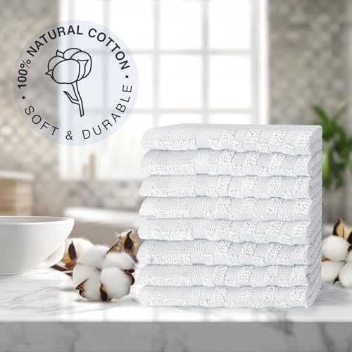 100% Cotton Jacquard Washcloths 12x12 in, White (8 Pack)