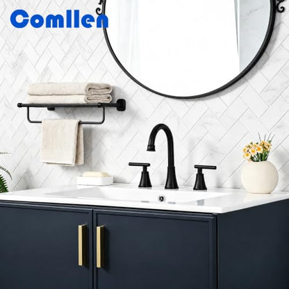 COMLLEN Black Bathroom Faucet 3 Hole Vanity,360 Degree Rotating Spout, 2 Handle 360° Swivel Matte Black 8 Inch Widespread Bathroom Sink Faucet 3 Holes, with Pop-up Drain, Supply Lines - color: Black