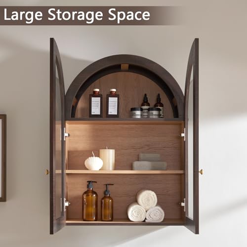 Bathroom Arched Wall Cabinet,23.5'' Wide Medicine Cabinet, Bathroom Cabinet Wall Mount W/Glass Doors & Adjustable Shelves, Over The Toilet Storage Cabinet for Laundry Room, Bedroom,Kitchen, Brown - color: Brown