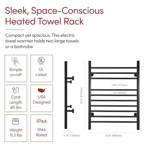 Heated Towel Rack, 10-Bar Wall-Mounted Electric Towel Warmer, Matte Black, Plug-in or Hardwired, Luxury Bathroom Accessory for Warm, Dry Towels (WarmlyYours Infinity) - color: Matte Black