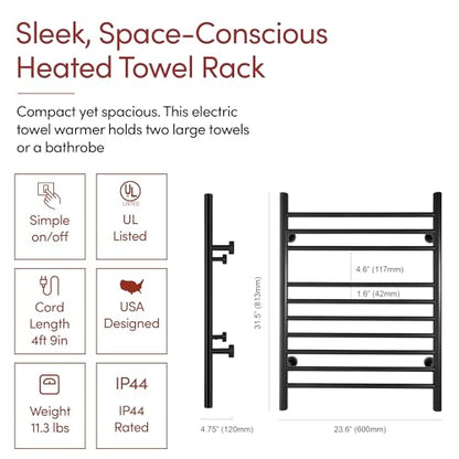 Heated Towel Rack, 10-Bar Wall-Mounted Electric Towel Warmer, Matte Black, Plug-in or Hardwired, Luxury Bathroom Accessory for Warm, Dry Towels (WarmlyYours Infinity) - color: Matte Black