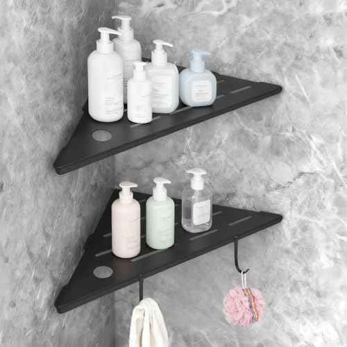 Nikazhzljj10 Corner Shower Shelves,Shower Corner Shelves Organizer Shelf for Tiled Wall 2 Packaging,SUS304 Stainless Steel Slot Design Tile Shower Shelves with 2 Hooks Matte Black