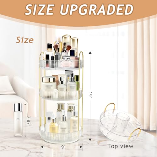 Rotating Makeup Organizer for Vanity, 9" D x 19" H, 3-Tier (White) | 360° Spinning, High-Capacity, Clear Trays, Gold Frame, for Vanity Countertop, Bathroom, Skincare, Perfume - color: New-white