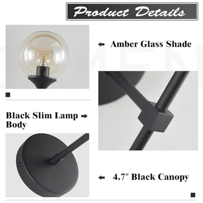 KCO Lighting Mid Century Modern 1-Light Wall Sconce Lighting Set of Two Matte Black Globe Vanity Wall Light Fixture Set of 2 Amber Glass Bathroom Wall Lamp Industrial Long Pole Wall Sconce - color: Black+Amber