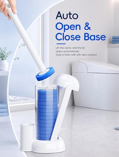 Disposable Toilet Brush System, Toilet Bowl Cleaning Wand with Lift-to-Open Refill Case, Blue Refill Heads and Freestanding Holder, 1 Wand and Holder Set with 35 Blue Refills