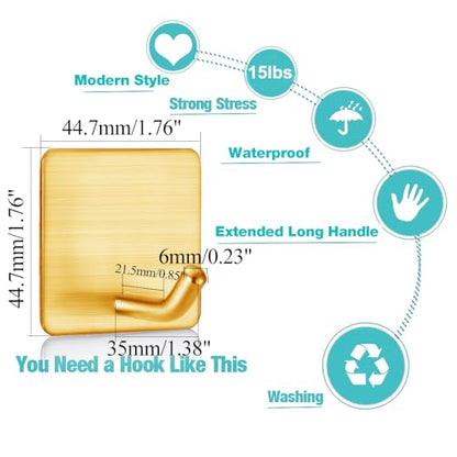Golden Stainless Steel Square Self Adhesive Hooks - Extra-Long Anti-Slip with Upgraded Adhesive, Holds 15lb Heavy Duty Wall Hooks for Kitchen, Bathroom, Garage -4 Packs - color: Gold