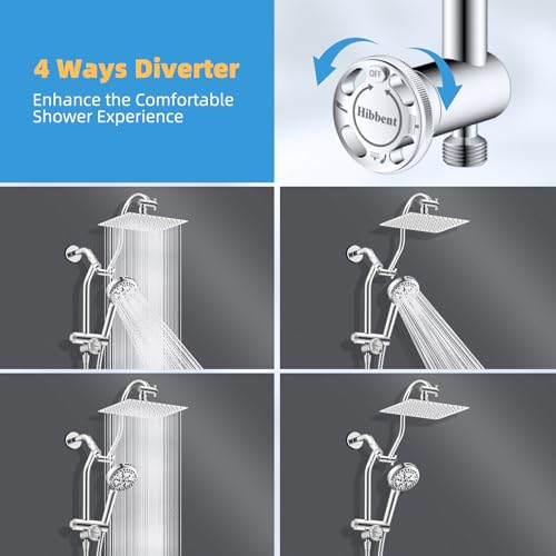 Hibbent All Metal 4 Way Shower Diverter with Showerhead Holder, Chrome | Easy Reach Diverter Valve with Pause Mode, 13.5" Stainless Steel Slide Bar, 4-Setting Replacement for Handheld & Fixed Shower - color: Chrome